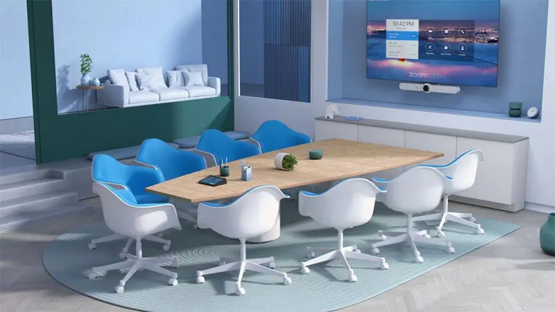 Room with Logitech videoconferencing and collaboration system installed using zoom