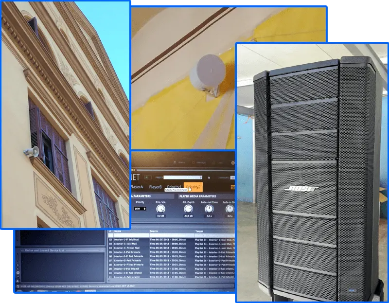 Collage of several AICONNEX PA system installations in schools