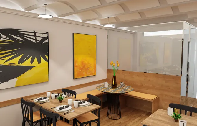 3D rendering of a venue focusing on acoustic and aesthetic decoration, including cushions, vases, and paintings