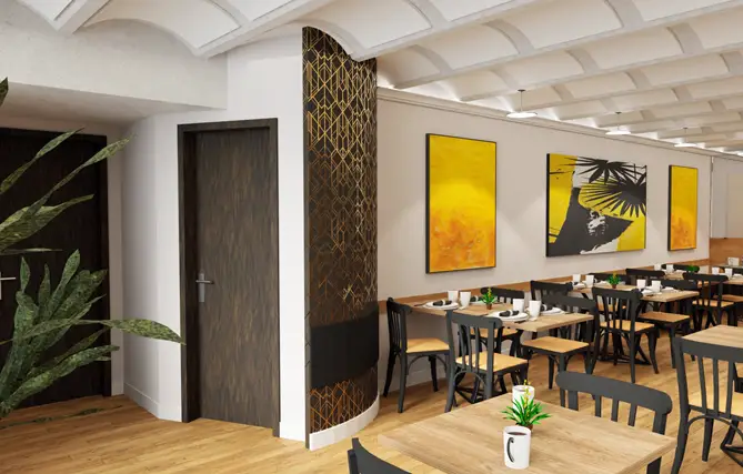Rendering of a venue with detailed view of acoustic panels showing also the furniture and lighting
