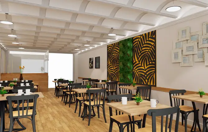 3D rendering of a venue with acoustic plates on the ceiling, acoustic panels, and a vertical garden on the wall