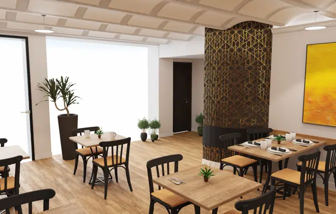 Overall rendered view with integrated acoustic solutions, highlighting plants, decoration, and comfortable ambiance
