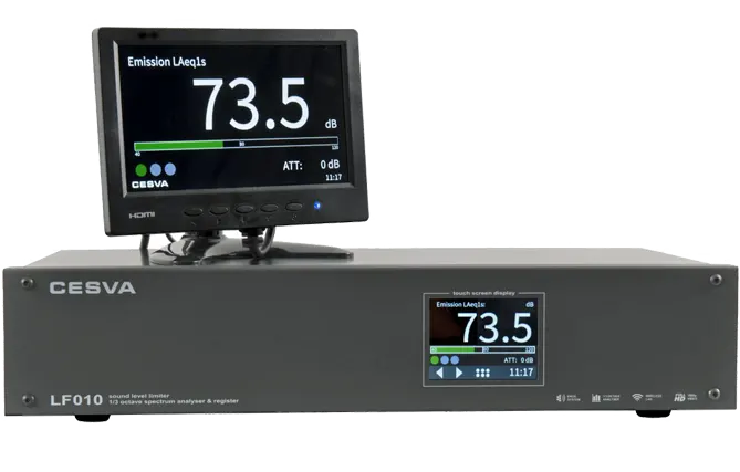 CESVA LF010 sound limiter with display showing LAeq dB