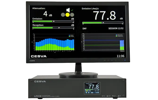 CESVA LF010 approved sound limiter recorder with monitor connected via HDMI to the limiter