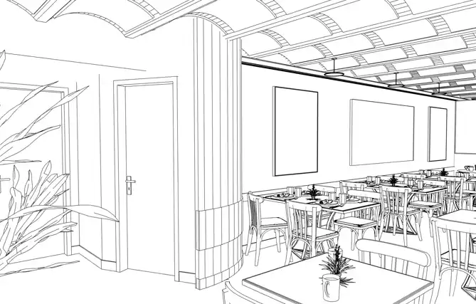 3D view showing acoustic treatment on ceilings and walls and the decoration proposed by AICONNEX