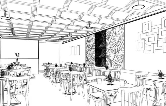 3D view showing acoustic treatment on ceilings and walls, furniture and the decoration proposed by AICONNEX