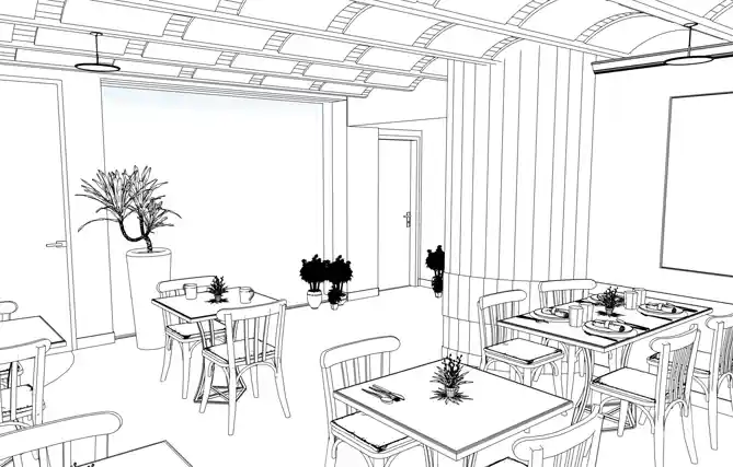 3D view of acoustic treatment on ceilings and walls, furniture and the decoration proposed by AICONNEX