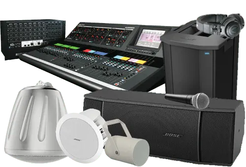 Speakers, Mixing desk, Power stages, Microphones, Subwoofer and professional sound equipment